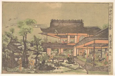 Tea–house; Scene entitled: "Viewing the Moon in mid–autumn" — Utagawa Toyoharu Kanvas Tablo