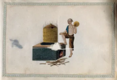 Tea leaves steaming in a large lidded basket over a brick oven; a man stands with one foot resting on the oven and cools himself with a fan