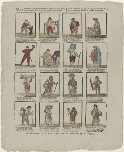 Teekenaars, Graveurs en Drukkers, stellen hier in deze prent, / U een zestiental voor oogen, dat gy kind'ren allen kent. / geeft u dit tafreel genogen, vindt gy smaak in onze keus, / Dit zal onze yver wekken, u vermaak is onze leus