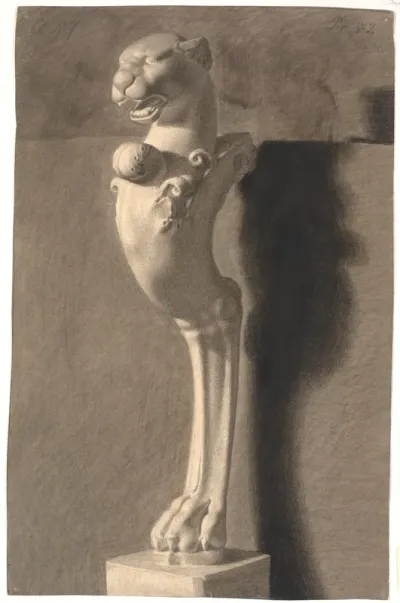 Tegning efter gips. Kopi efter antik (?) skulptur. Ornament med løvehoved og -fod