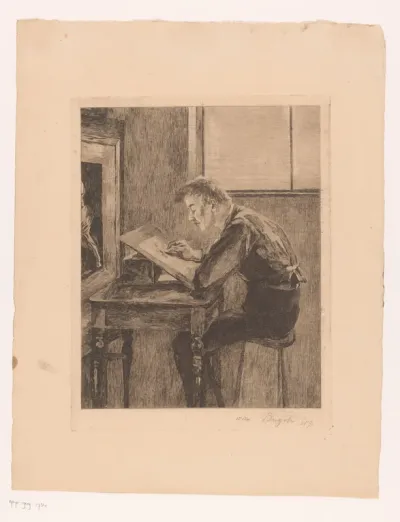 Tekenaar over zijn werk gebogen