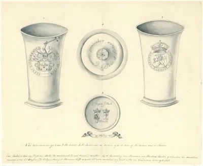 Tekening van een beker met twee wapens naar aanleiding van de verovering van Coevorden, 1672