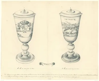 Tekening van een bokaal met een voorstelling van de verovering van Coevorden, 1672