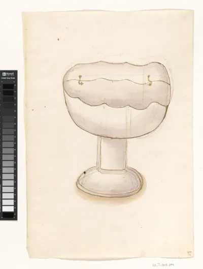 Tekening van een foedraal behorende bij de rode kelk van halfedelsteen met goudbeslag