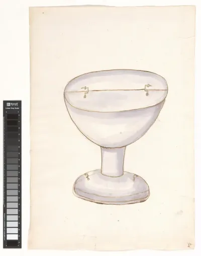 Tekening van het foedraal behorende bij een kelk van chalcedon met goudbeslag