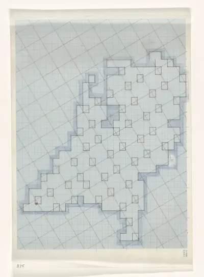 Tekening van Nederland op calqueerpapier met aantekeningen