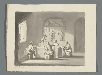 Tekenschool met vier kunstenaars die een sculptuur natekenen