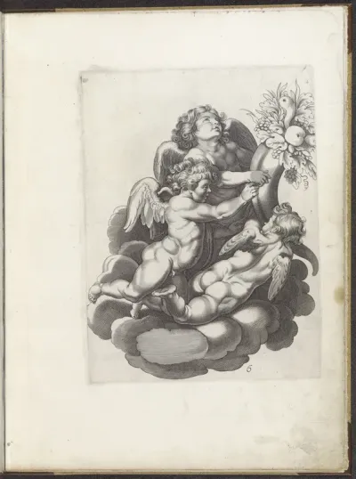 Tekenvoorbeeld van drie putti op een wolk