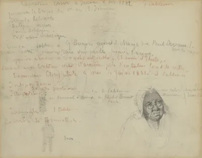 Tekst en hoofd van een vrouw met bril en figuren (verso)