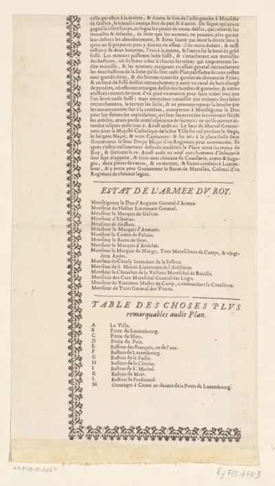 Tekstblad bij de kaart van het beleg van Thionville, 1643