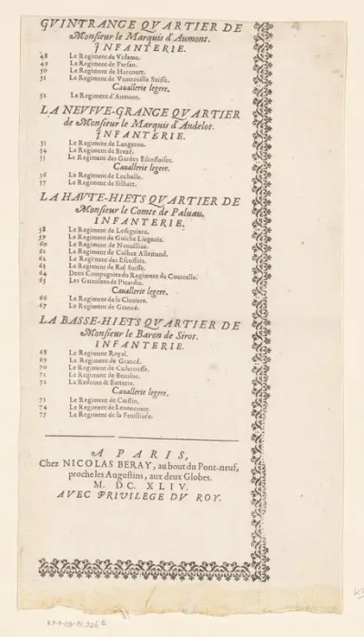 Tekstblad bij de kaart van het beleg van Thionville, 1643