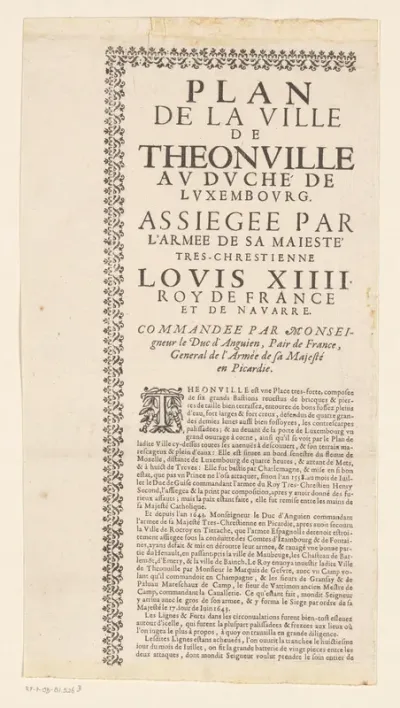 Tekstblad bij de kaart van het beleg van Thionville, 1643