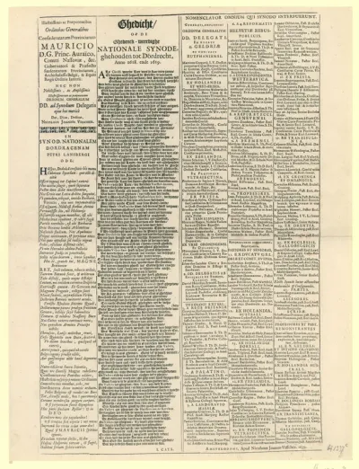 Tekstblad bij de prent 'Synodi Dordracenae delineatio.'