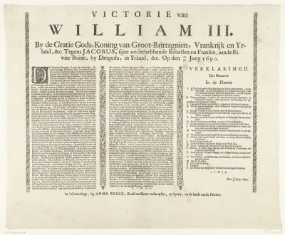 Tekstblad bij de prent van de overwinning van Willem III aan de Boyne, 1690