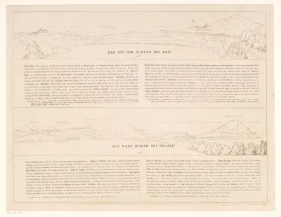 Tekstblad met aanzichten van het Meer van Albano en de Mare Morto