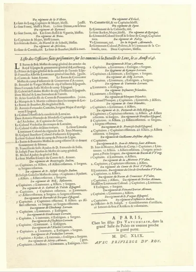 Tekstblad met een lijst van de namen van de Spaanse officieren gewond of gevangengenomen tijdens de slag bij Lens, 1648