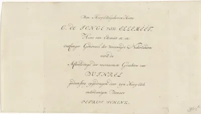 Tekstblad met opdracht aan C. de Jonge van Ellemeet voor de serie van gezichten op de buitenplaats Duinrell