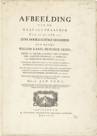 Tekstbladen bij en de platen van het praalbed van prins Willem IV, 1751