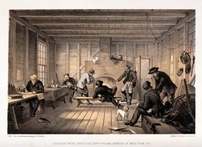 Telegraph house, Newfoundland: telegraph workers smoking and reading papers in their mess