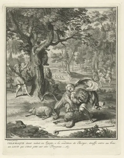 Telemachus doodt een leeuw