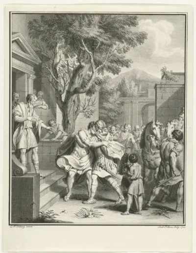 Telemachus en Nestor in omhelzing