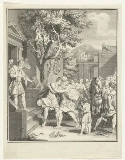 Telemachus en Nestor in omhelzing