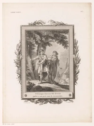Telemachus spreekt met zijn vader, zonder hem te herkennen