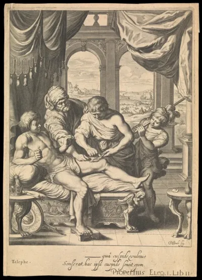 Telephus (son of Hercules) cured of a potentially fatal wound with some rust from Achilles' spear, with which he had originally been wounded