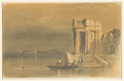 Tempelruïnes aan een meer in een Italiaans landschap