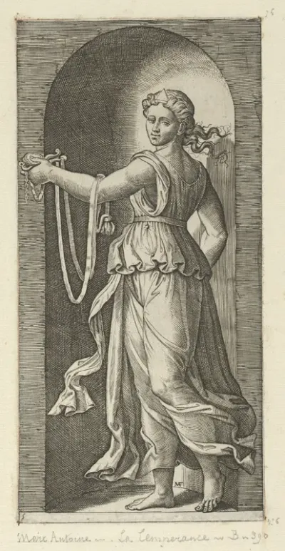 Temperance personfied by a woman standing in a niche holding a bit, from "The Virtues"