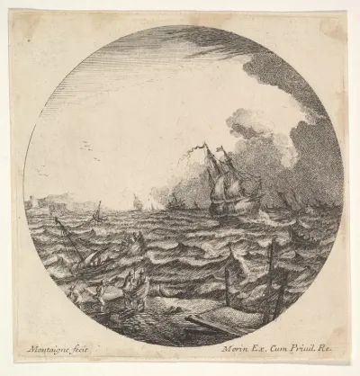 Tempest in a roundel composition, at left waves toss a small ship occupied by seven figures, ships and dark clouds beyond