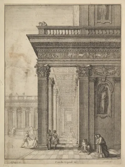 Temple courtyard with figures