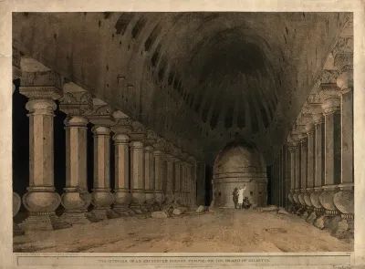 Temple interior with a Buddhist stupa on the island of Salsette, near Bombay, Maharashtra