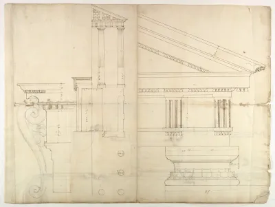Temple of Hercules, Cori, plan, elevation; portal, details; Doric order, details (recto) St. Peter's, drum, section (verso)
