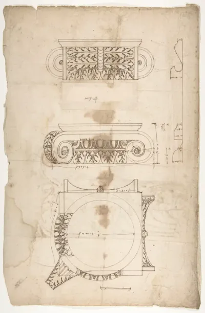 Temple of Portonus, capital, elevations and plan (recto) Unidentified, capital, elevation (verso)