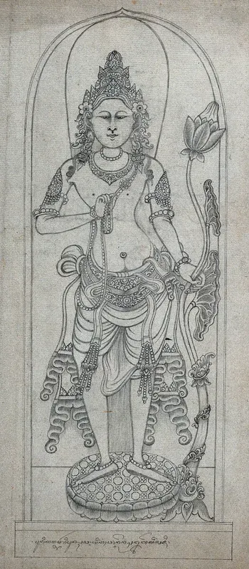 Temple sculpture: a standing figure holding a lotus flower
