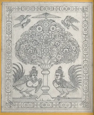 Temple sculpture: a tree with two harpies and two birds surrounded by a decorative border