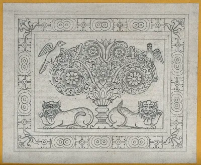 Temple sculpture: a tree with two lions and two birds surrounded by a decorative border