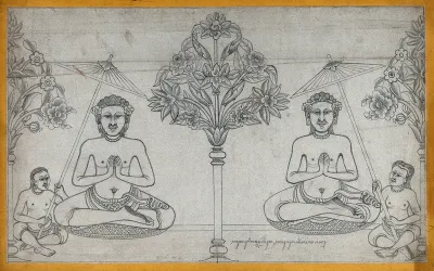 Temple sculpture: two seated figures divided by a tree