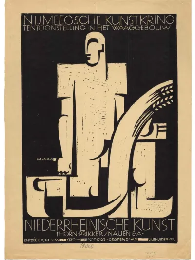 Tentoonstelling van Niederrheinische Kunst, onder meer van Thorn Prikker, in het Waaggebouw van 17 september to 18 oktober 1923. Georganiseerd door de Nijmeegsche Kunstkring. Met potlood op de voorzijde: XVH 59 (1923)