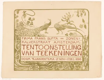Tentoonstellingsaffiche met een pauw en een fazant voor een tentoonstelling van Theo van Hoytema bij Firma Frans Buffa en Zonen te Amsterdam in 1896