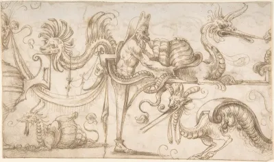 Term with snails and strapwork (recto); Candelabra grotesque with two figures (verso)