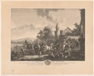 Terugkerend jachtgezelschap bij een fontein