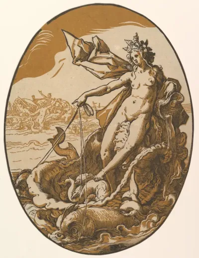 Tethys reclining in a giant shell chariot pulled by two sea creatures, from "The Deities"
