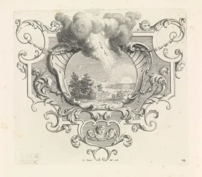 Tetragram en zon en maan in ornamentele omlijsting