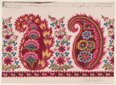 Textile Design with Paisley Motifs and Garlands of Berry Sprays and Stylized Flowers