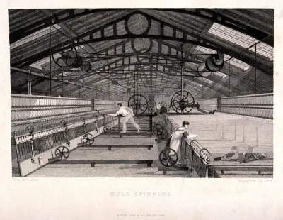 Textiles: a belt-driven version of Crompton's mule inside an iron-framed spinning shed, workers setting machines and clearing cotton waste, etc