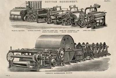 Textiles: a line of steam-driven cotton machines (above), a slasher-sizeing machine (below)
