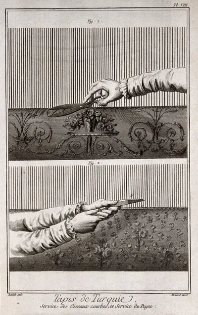 Textiles: a loom for carpet weaving, cutting with scissors (top), combing the warp threads (below)