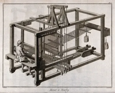 Textiles: a loom, with a weaver seated on the bench